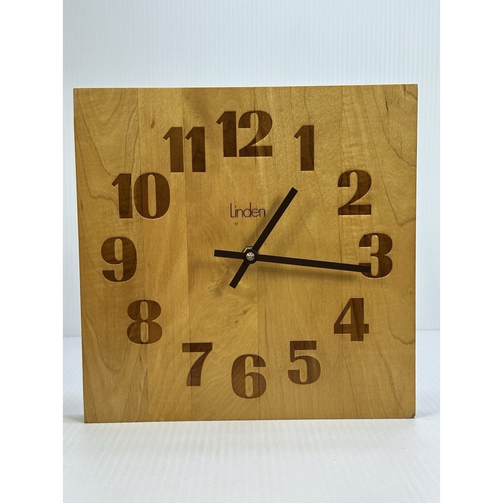 Vintage Linden Quartz Butcher Block Wall Clock Square Mid Century Modern Works